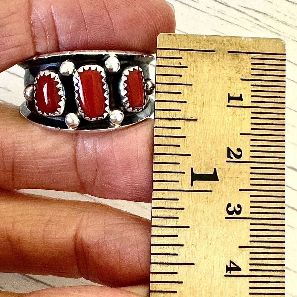 Navajo Mens Wedding Band Red Coral Ring Sz‎ 13.5 Native Amer 15mm Dark Sterling